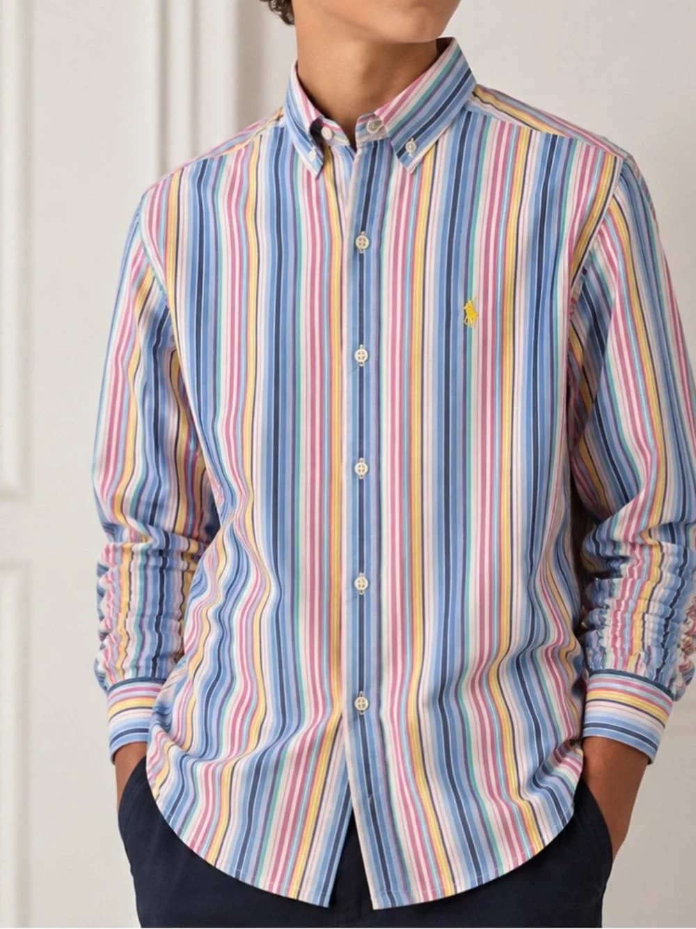 Ralph Lauren Boys L 16-18 Multi Color Pastel Stripe Long Sleeve Shirt Cotton